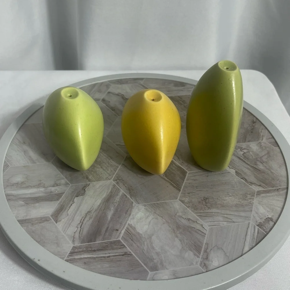 Set of Three Ceramic Salt and Pepper Shakers in Yellow and Green Made in Japan